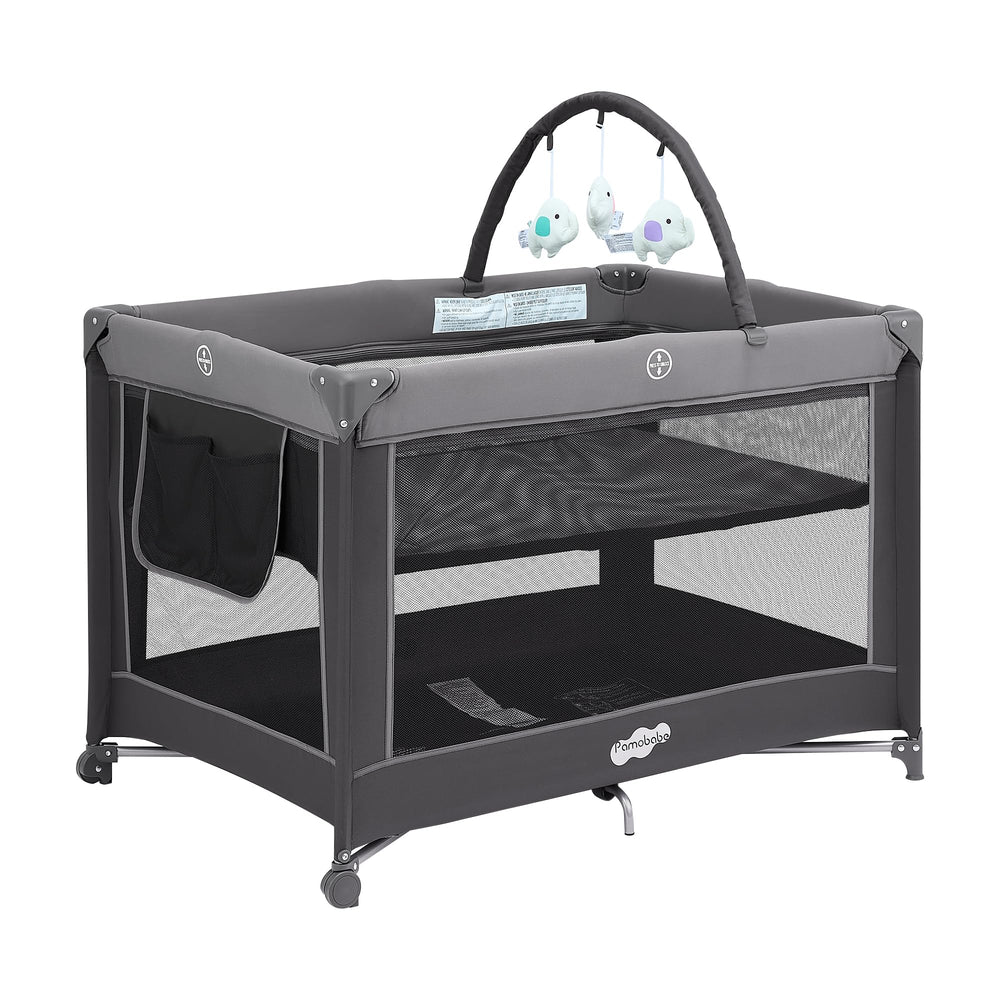 Pamo Babe portable playpen folding crib for easy travel and compact storage.