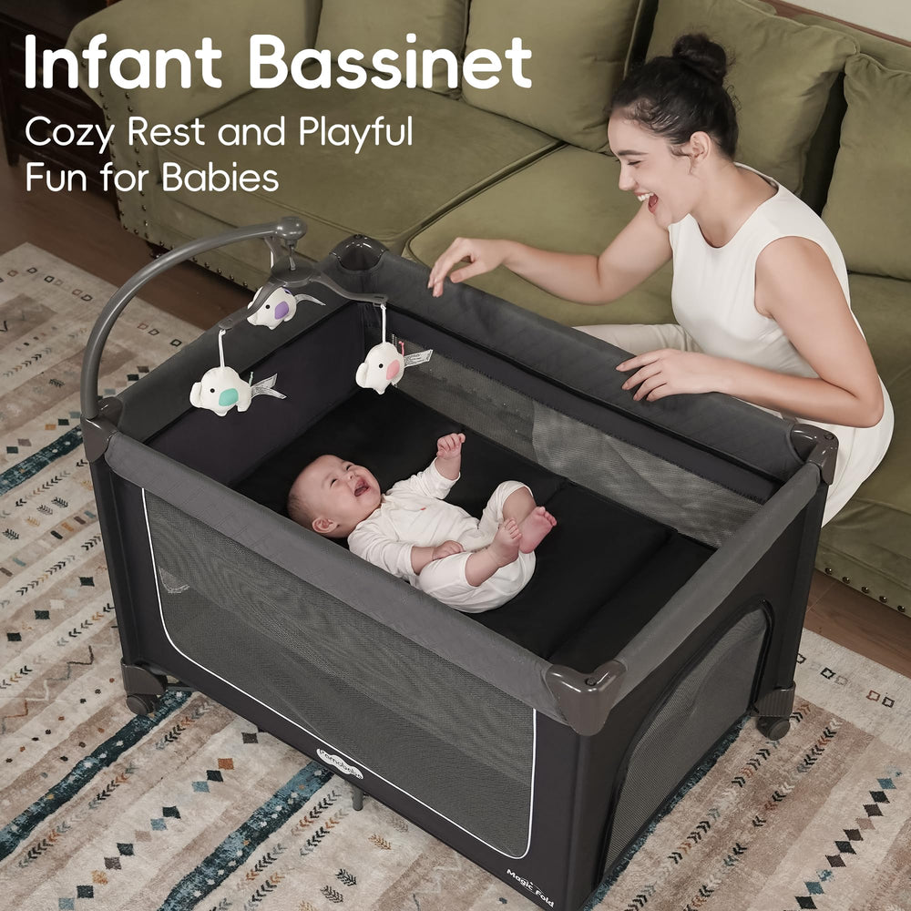 Pamo Babe playard wheels enable smooth, quiet movement around the home.