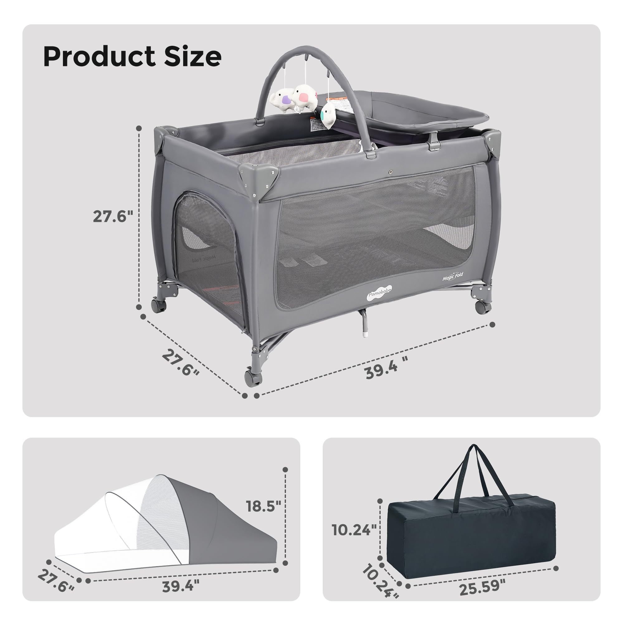 Pamo Babe Pack and Play compact fold enables quick storage and travel.