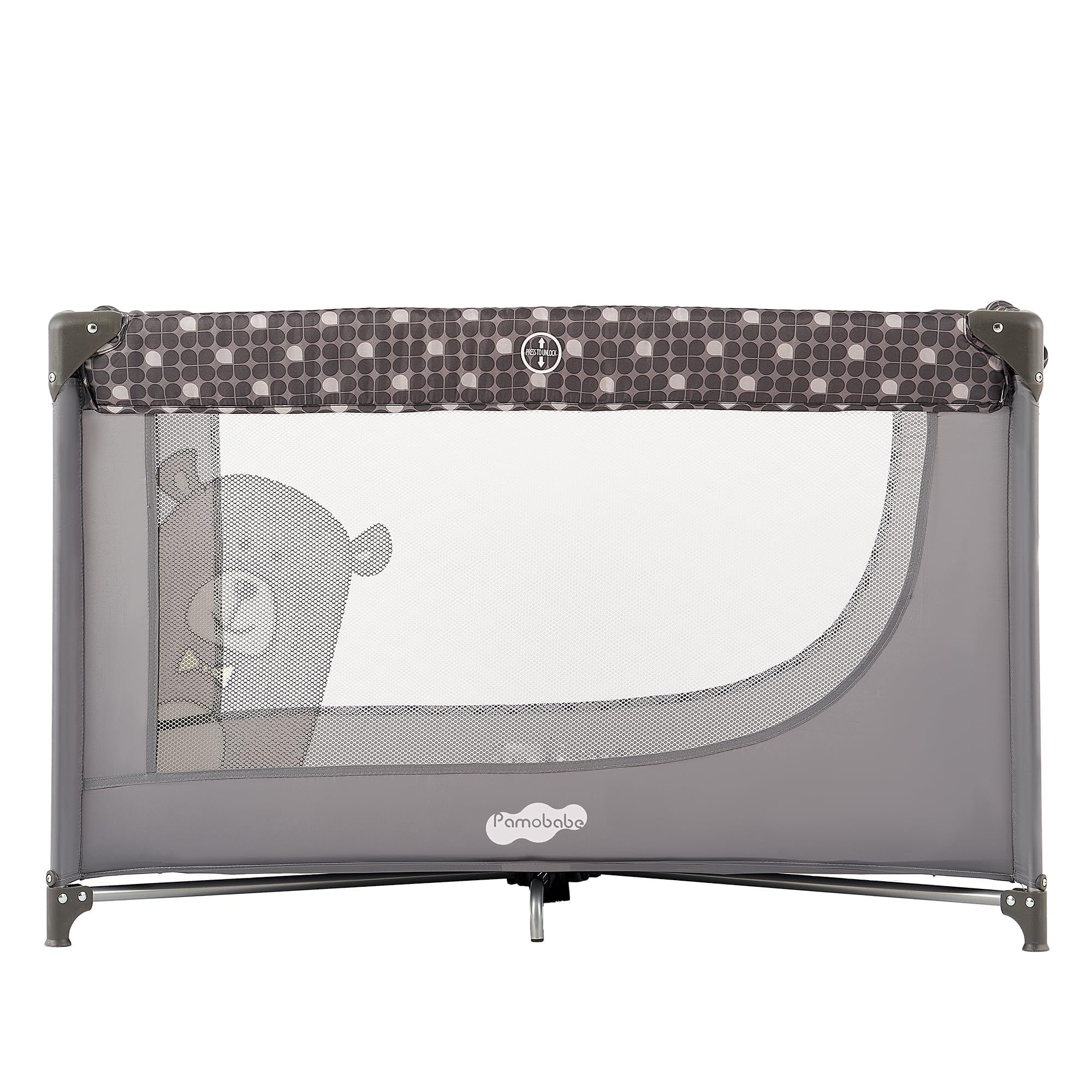 Pamo Babe portable crib playpen: soft mattress comforts baby during naps.