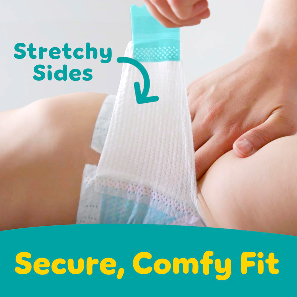 Pampers Baby-Dry latex-free design for comfort.
