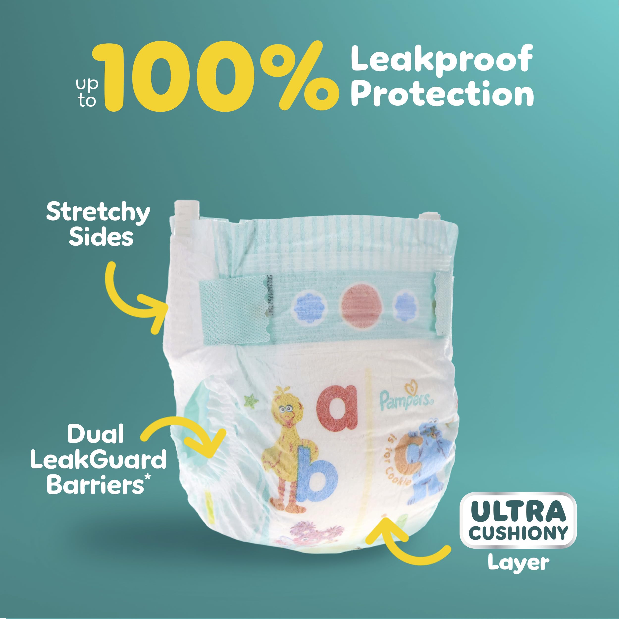 Pampers Baby-Dry Stretchy Sides create a secure, comfy fit.