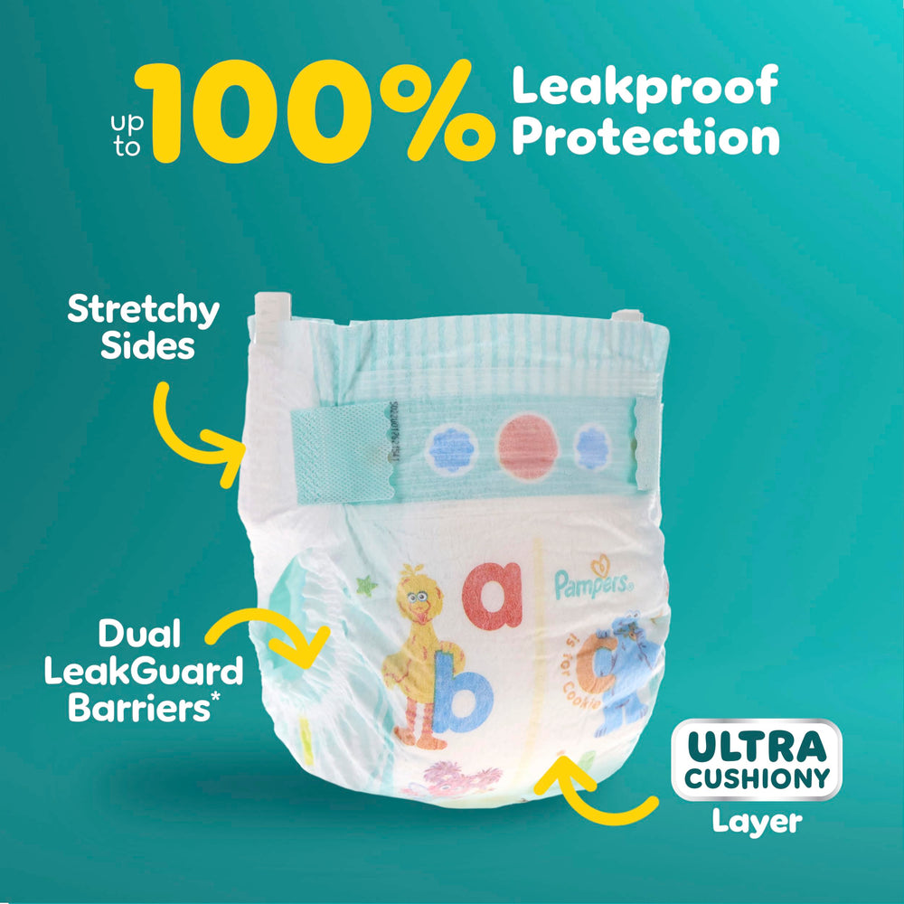 Pampers Baby-Dry Stretchy Sides create a secure, comfy fit.