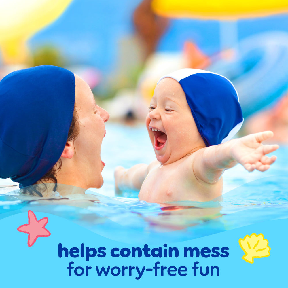 Pampers Splashers dual leak-guard barriers seal around legs during water fun.