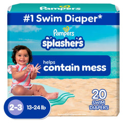 Pampers Splashers swim diaper packaging shows brand logo for easy pool-side selection.