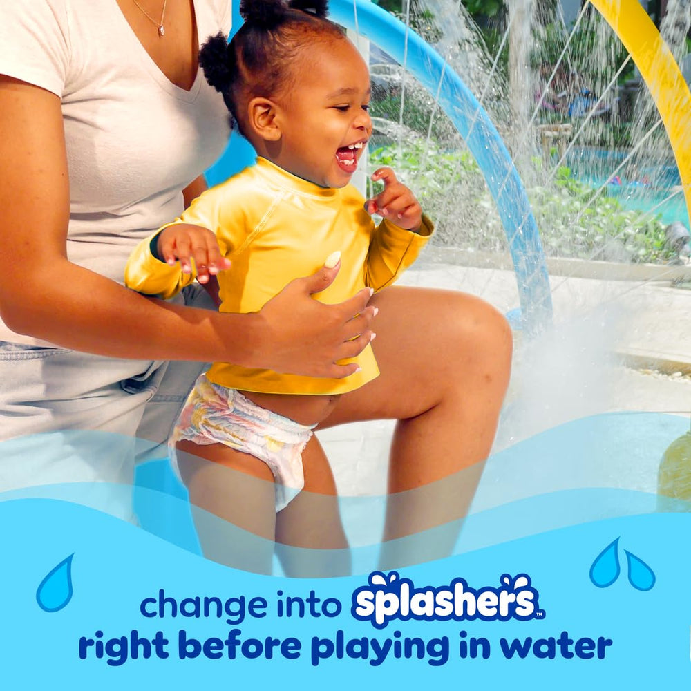 Pampers Splashers secure-fit supports active water play and movement.