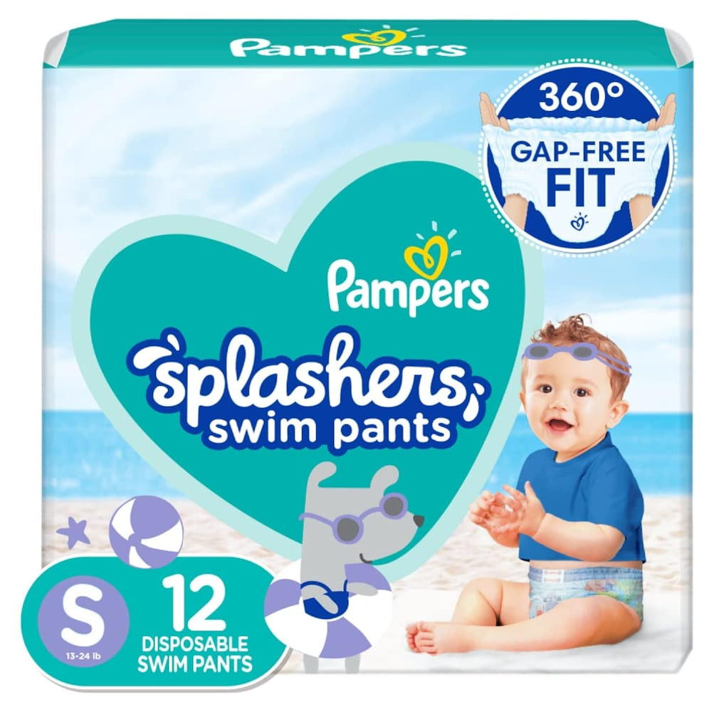 Pampers Splashers Swim Diaper Small front view shows snug fit for water activities.