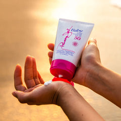Panama Jack Baby Sunscreen label close-up showing SPF 50 and hypoallergenic claim.