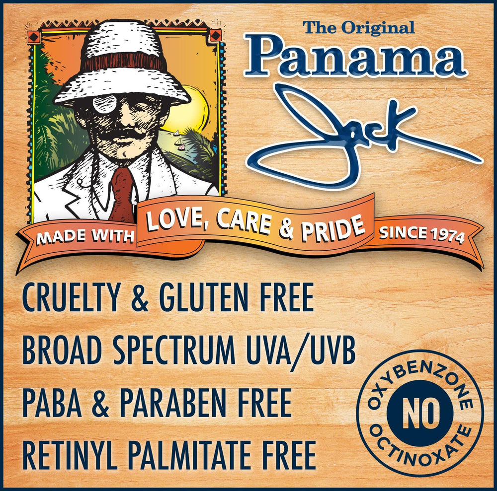 Panama Jack sunscreen spray bottle demonstrates broad spectrum protection for sunny beach days.