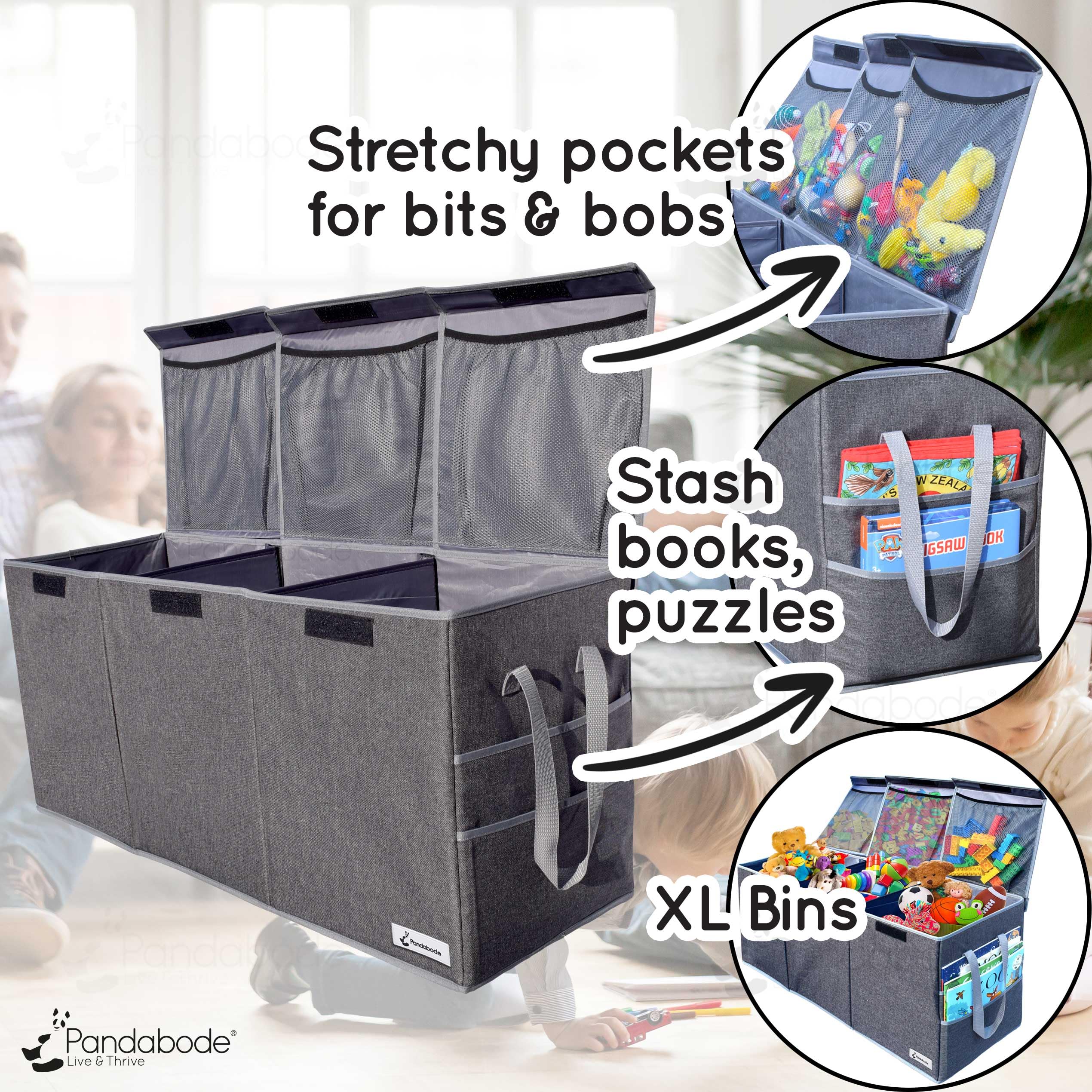 Pandabode extra large toy box lid open reveals hidden pockets for quick toy sorting.