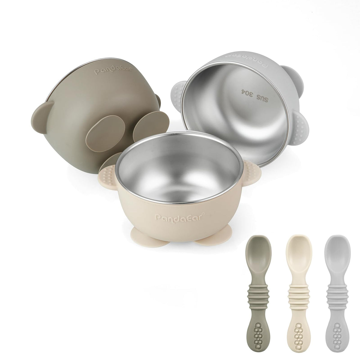 PandaEar 3-pack stainless steel suction bowls with secure grip for mess-free meals.