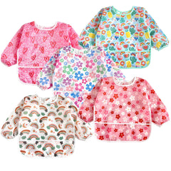 PandaEar baby long sleeve bib front view with waterproof fabric and crumb catcher for mess-free meals.