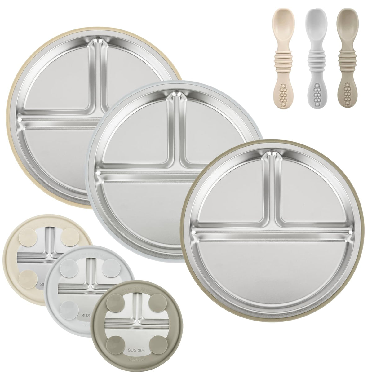 PandaEar baby suction plate close-up with a strong grip on a highchair tray.