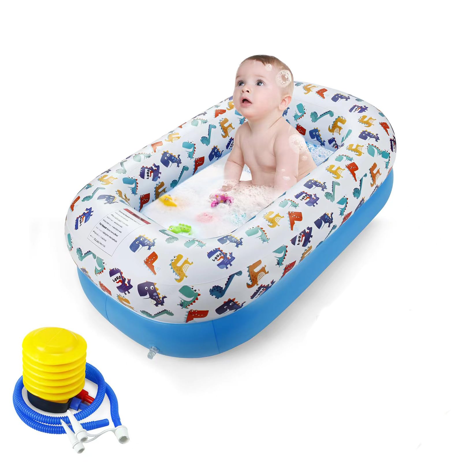 PandaEar Dinosaur Baby Bathtub during inflation for quick bath setup.