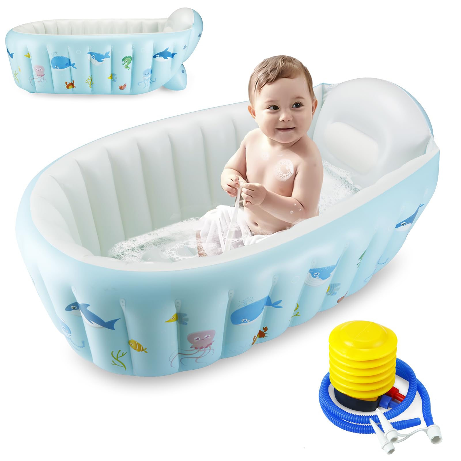 PandaEar inflatable bathtub in whale blue design for safe, comfortable baths.