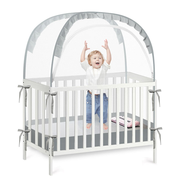PandaEar Pop Up Crib Tent ready for setup, showcasing simple placement and secure fit.