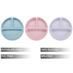 Close-up of PandaEar silicone divided plate with suction base for non-slip feeding.