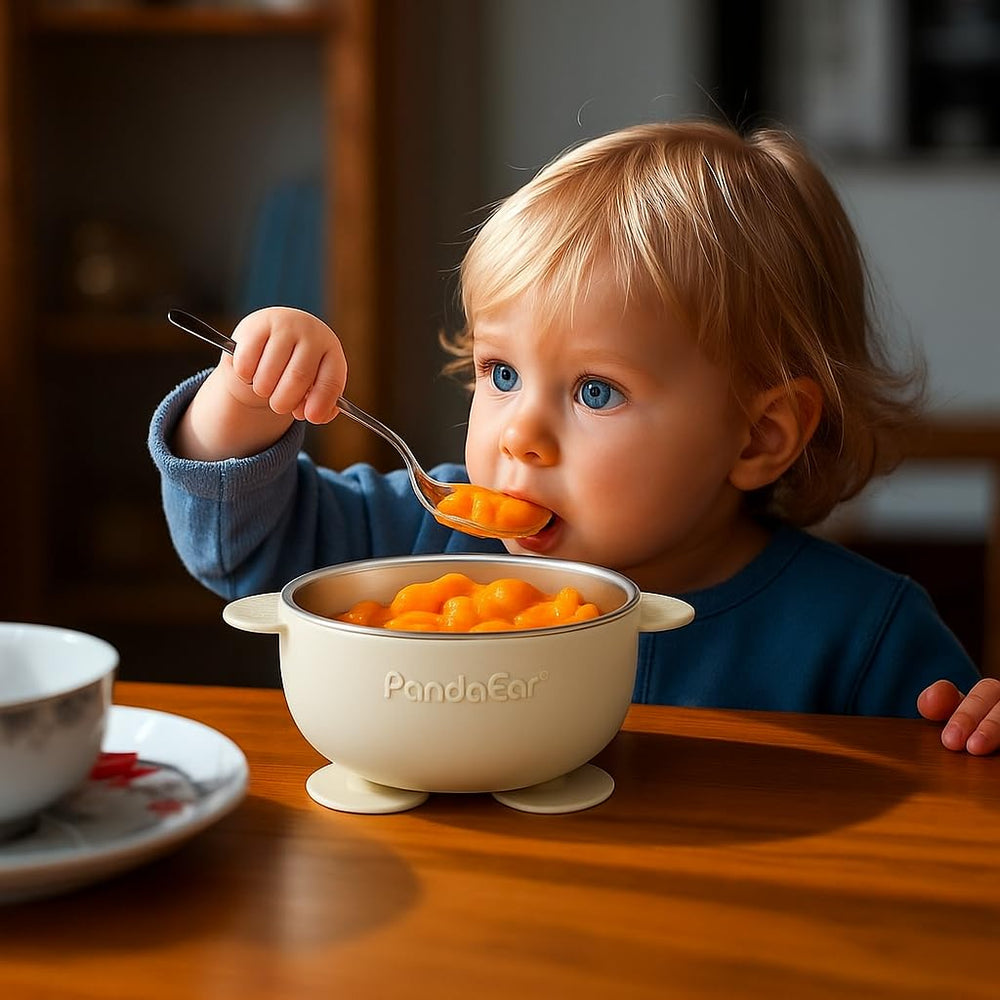 PandaEar soft silicone spoons gentle on delicate gums for early self-feeding.
