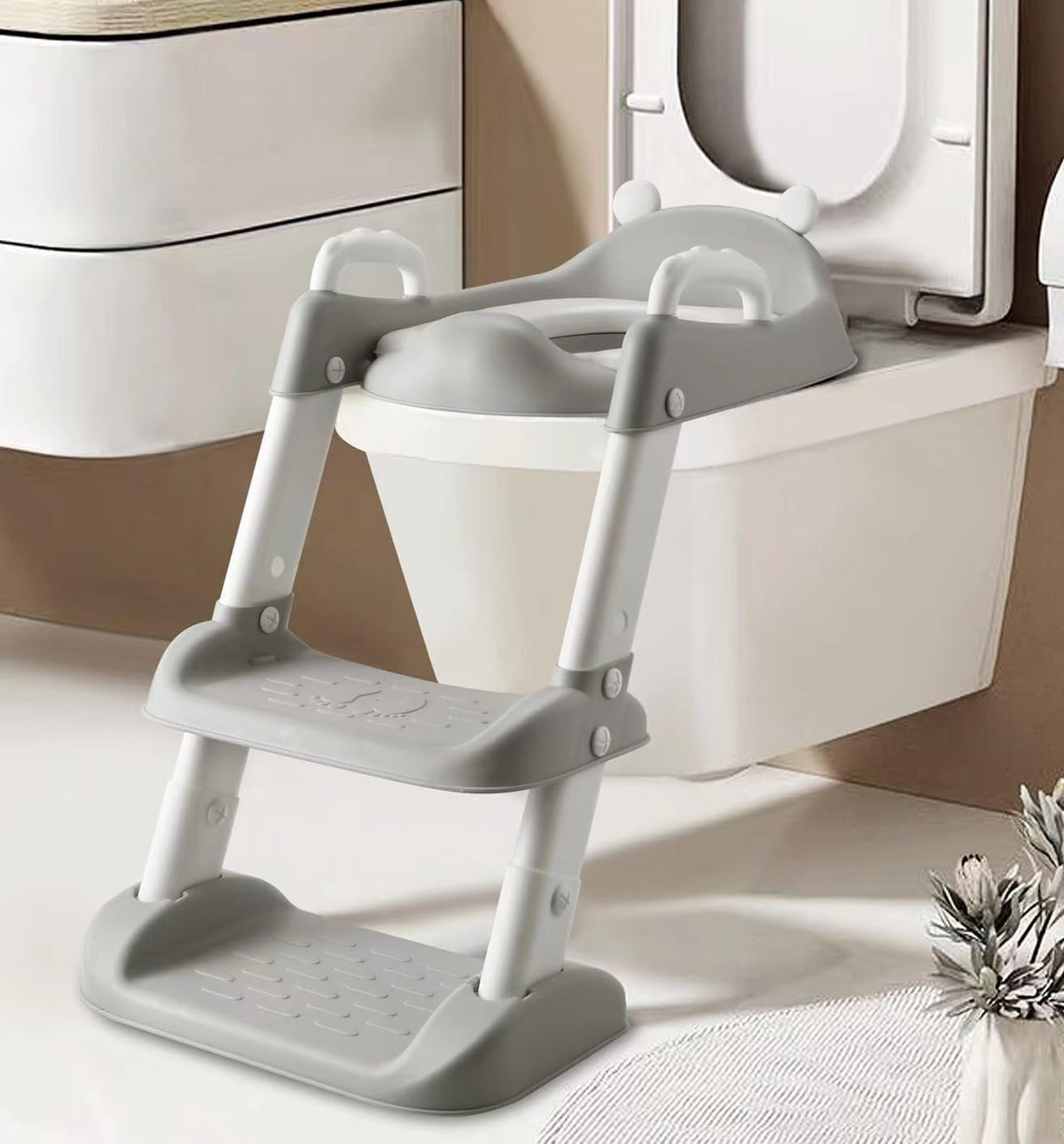 PandaEar grey toilet potty seat for toddlers, comfortable and secure.