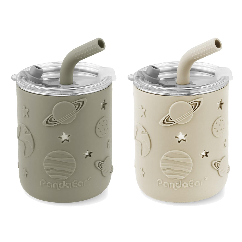 PandaEar 2-pack cups with spill-proof lids for mess-free on-the-go drinking.