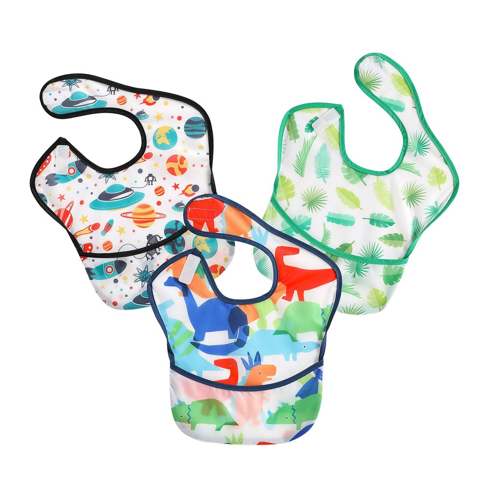 PandaEar 3-pack bib showing backwards pocket design for spills