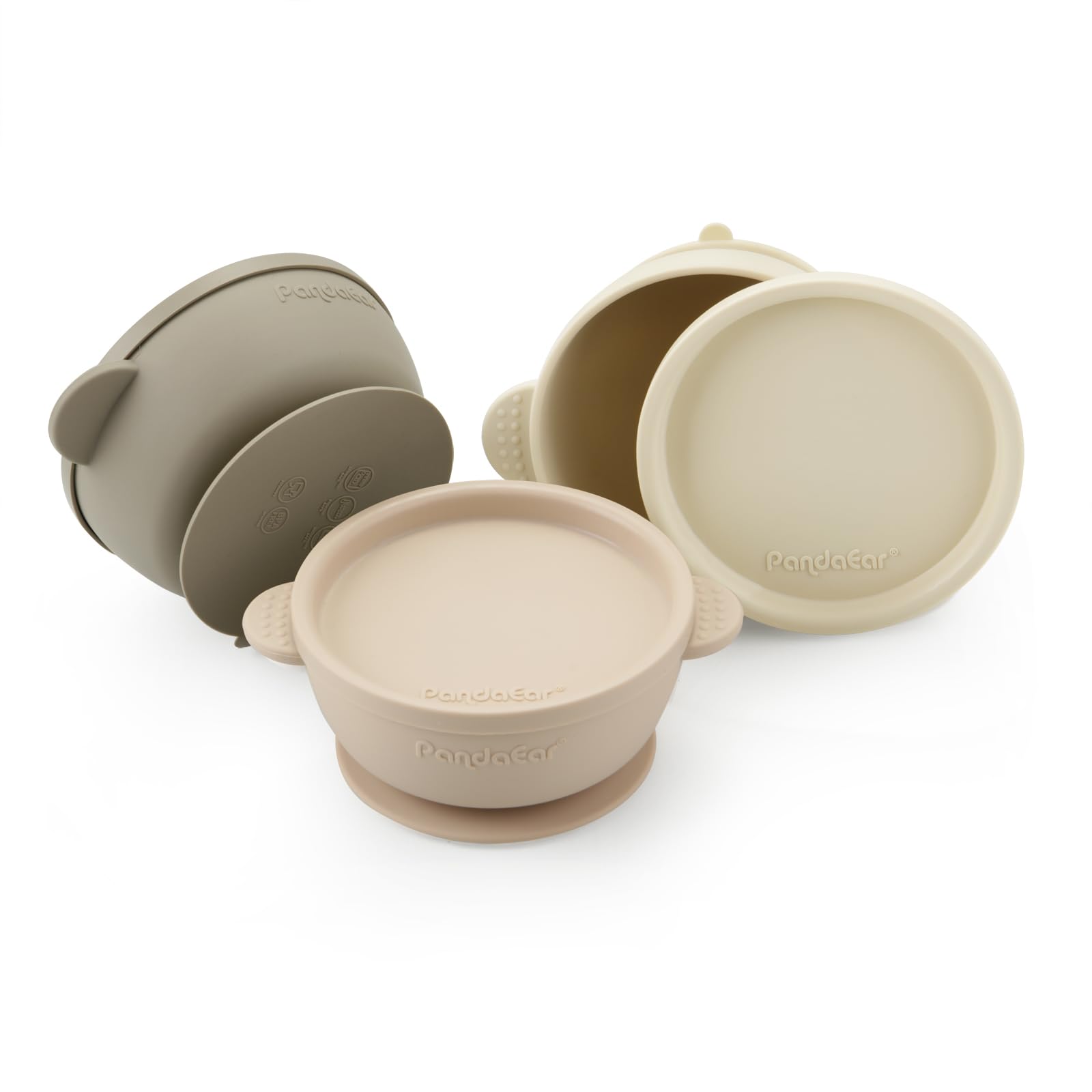PandaEar 3-pack baby bowls with suction base keeping meals steady on a flat surface