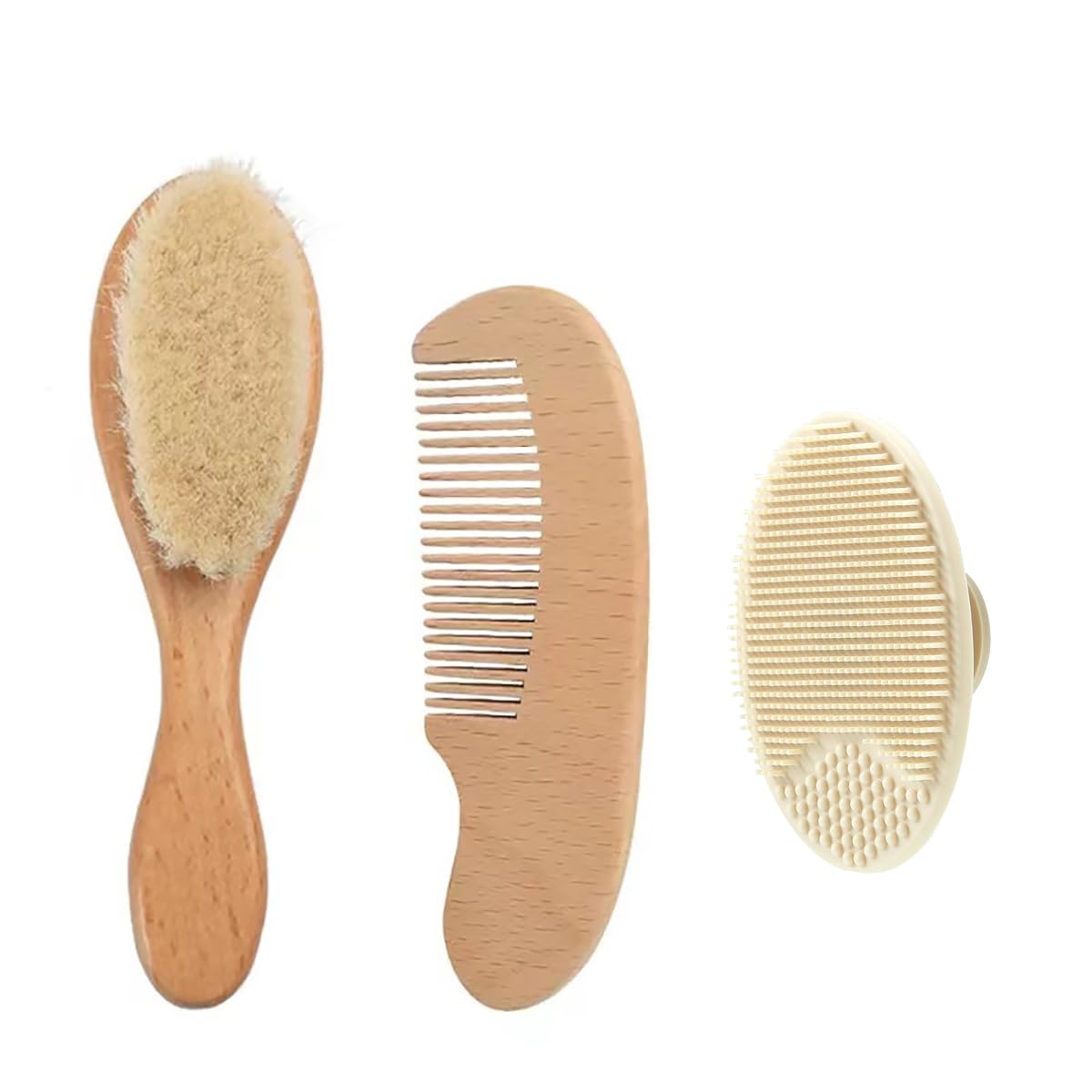 PandaEar 3-pack baby grooming set with soft goat bristle brush for gentle scalp cleaning.