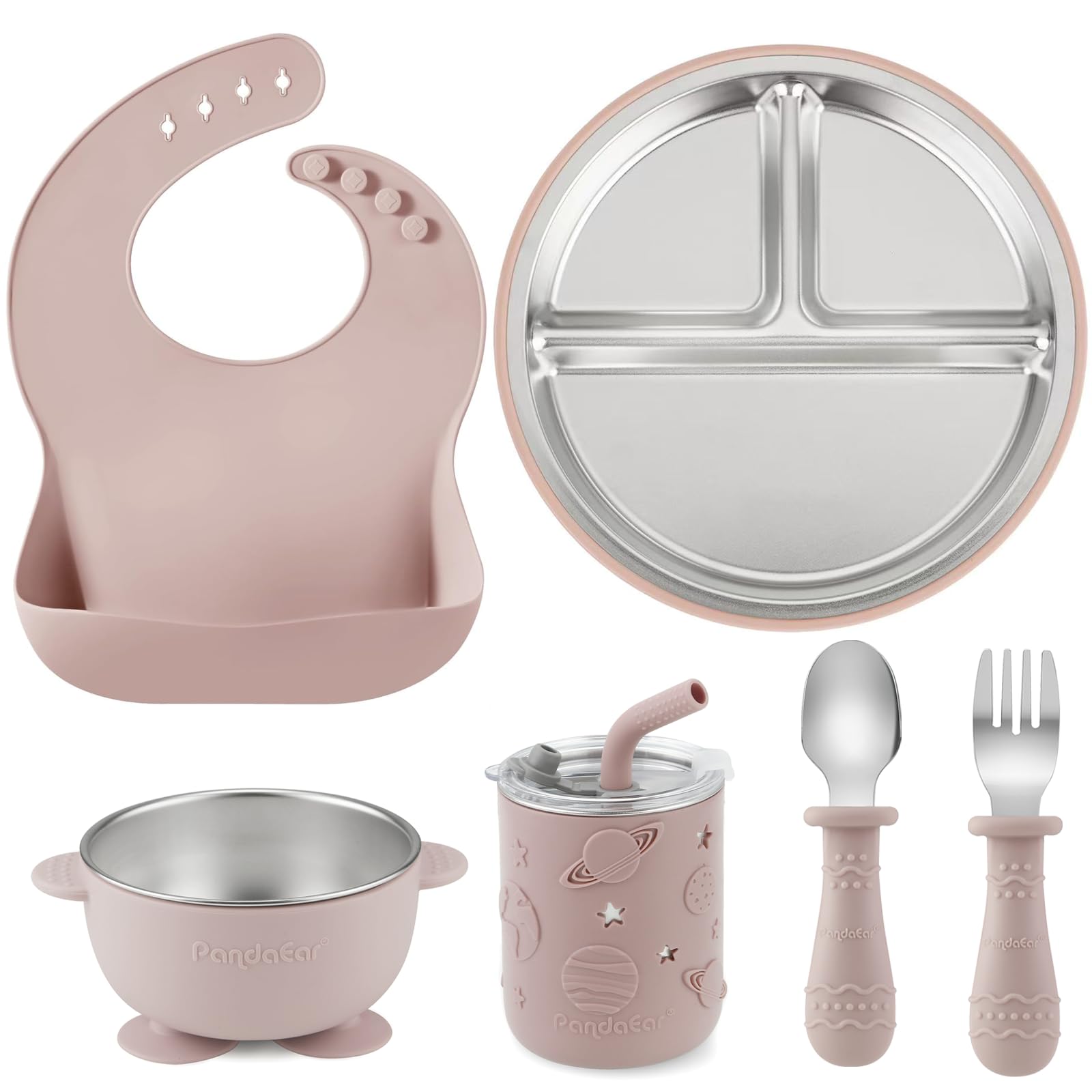 PandaEar 6-in-1 feeding set shown with divided suction plate for mess-free self-feeding at home