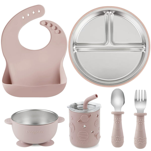 PandaEar 6-in-1 feeding set shown with divided suction plate for mess-free self-feeding at home