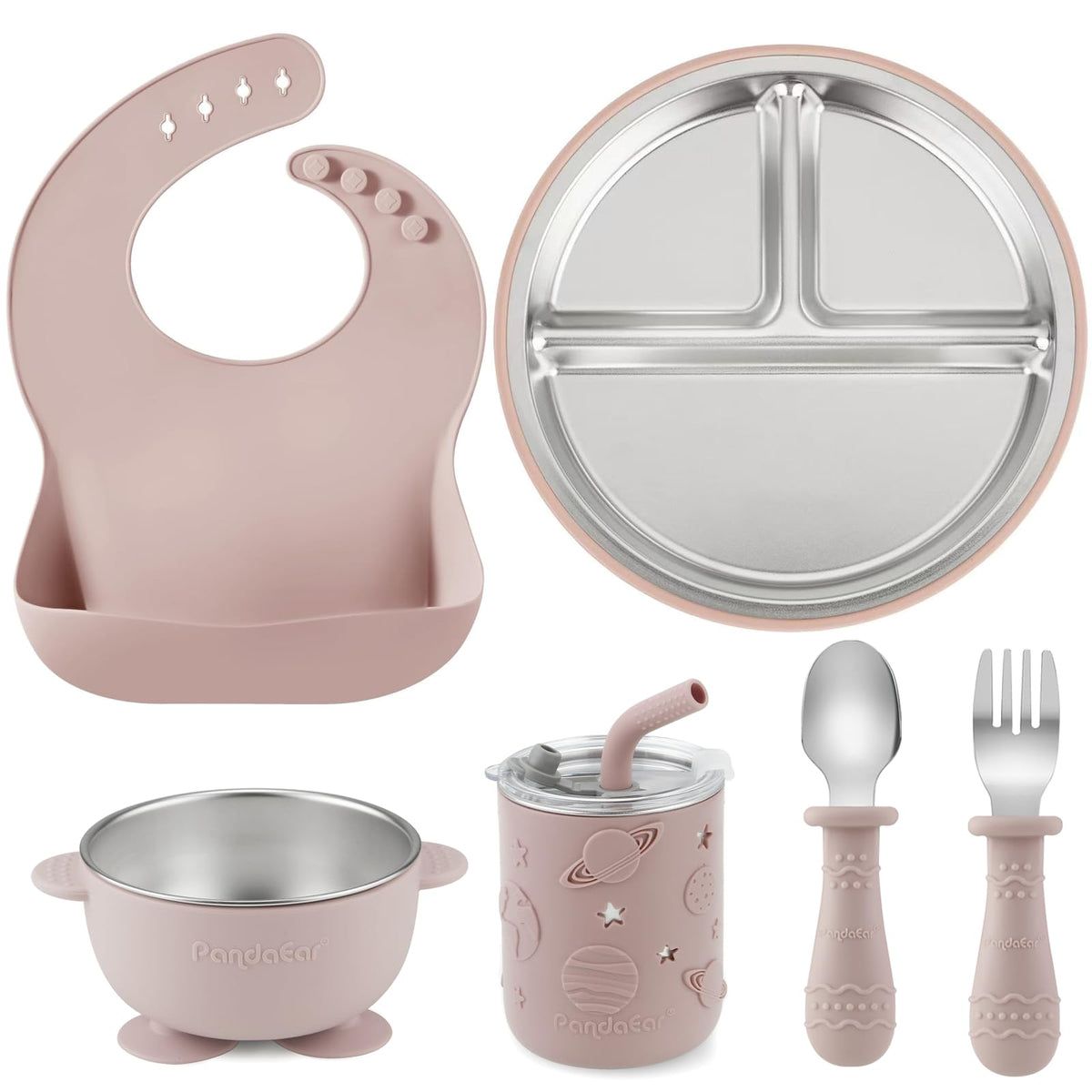 PandaEar 6-in-1 feeding set shown with divided suction plate for mess-free self-feeding at home