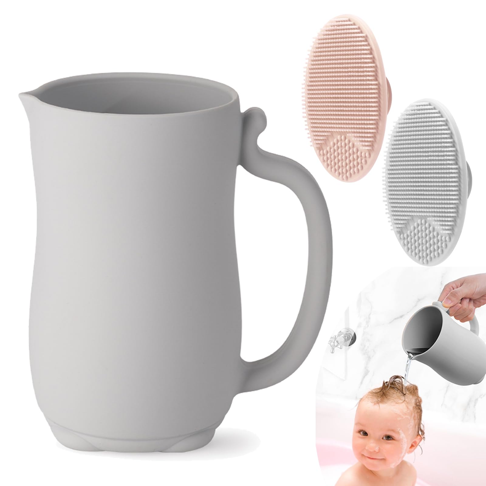 PandaEar baby bath rinse cup in soft grey silicone with ergonomic handle for easy use