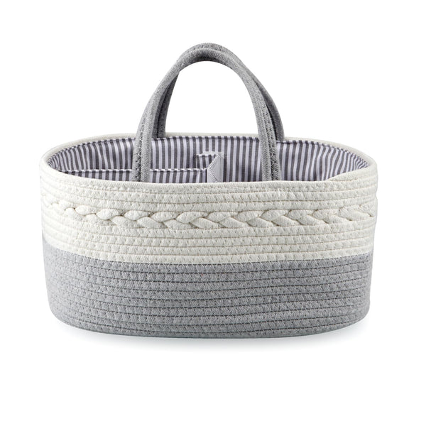 Pandarear baby diaper caddy close-up shows soft cotton and premium safety for baby items.