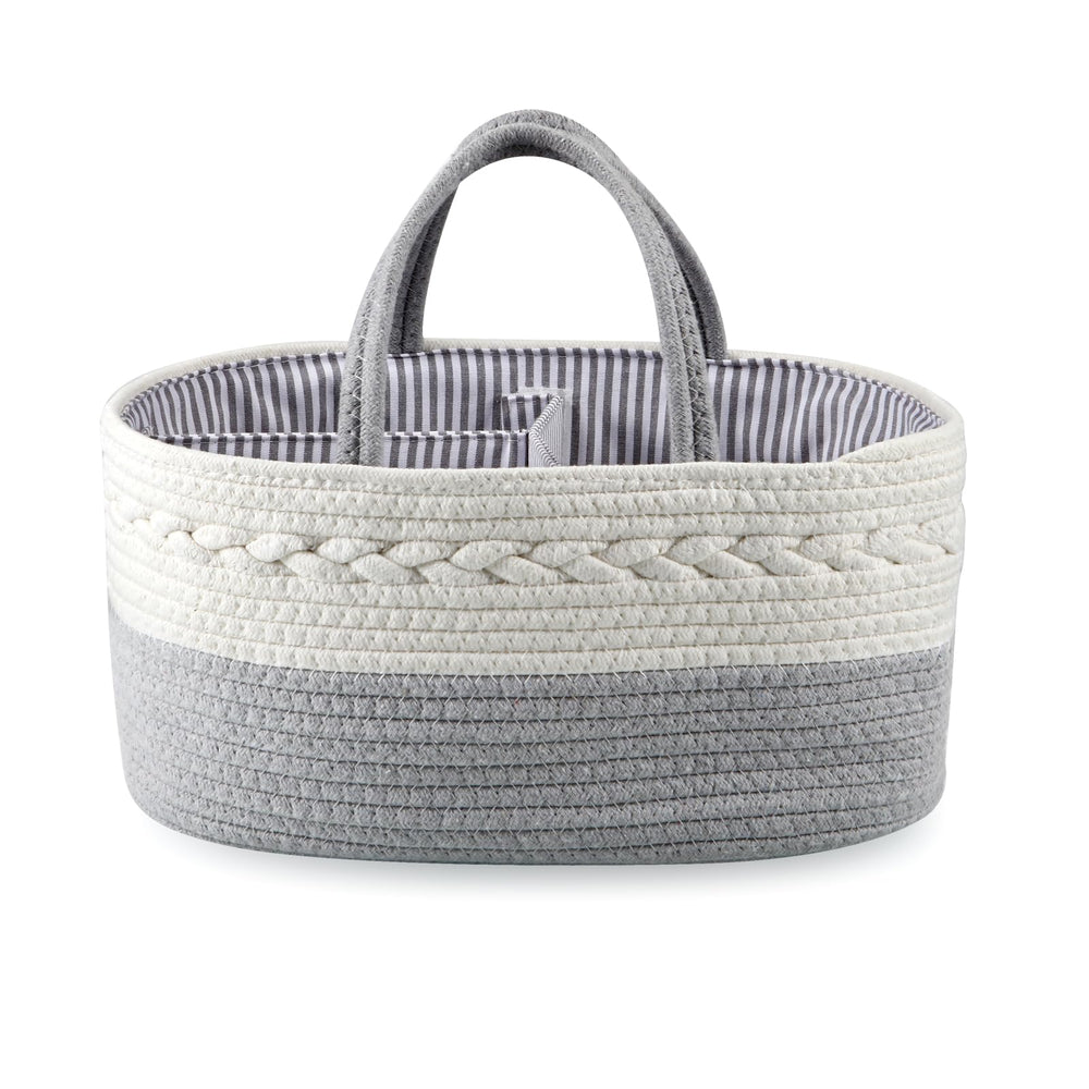 Pandarear baby diaper caddy close-up shows soft cotton and premium safety for baby items.