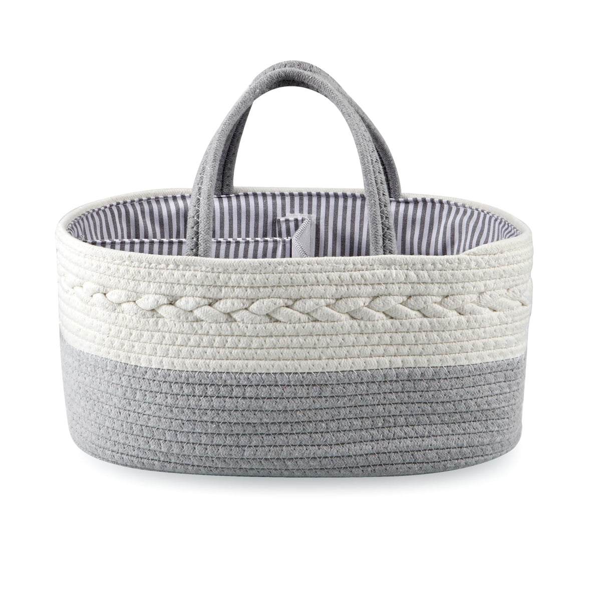Pandarear baby diaper caddy close-up shows soft cotton and premium safety for baby items.