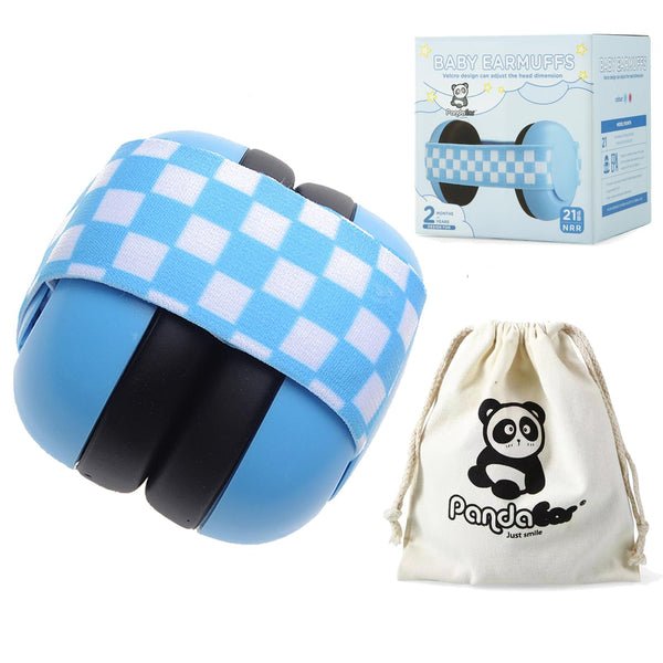 PandaEar baby ear protection blue front view highlights compact design for quiet environments.