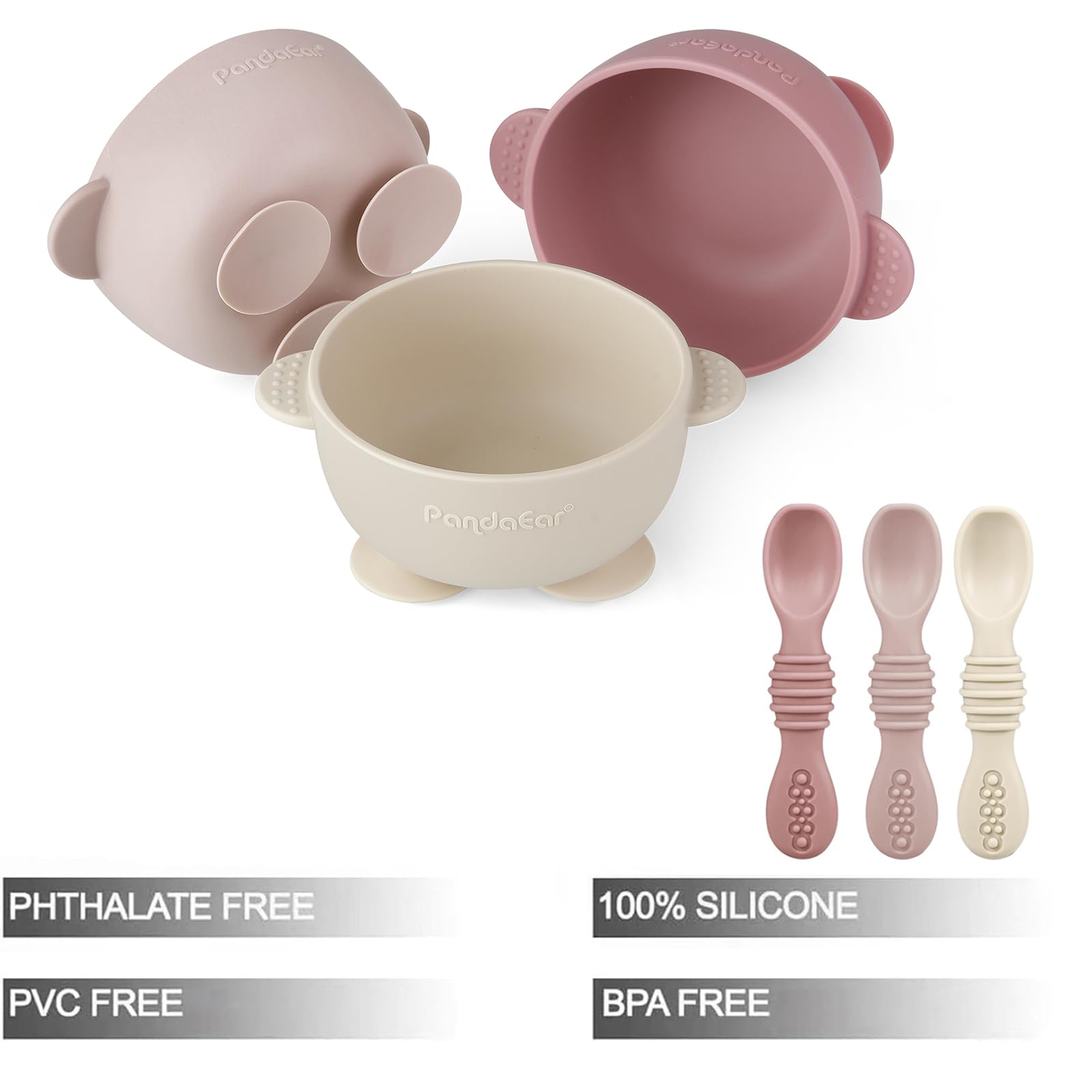 PandaEar soft silicone spoons designed for gentle gums and self-feeding.