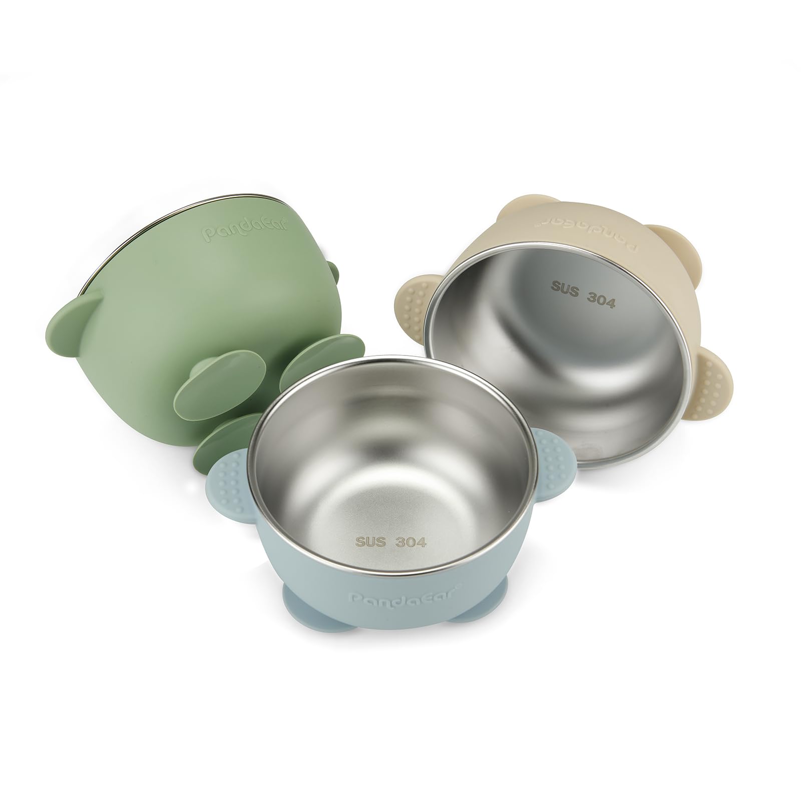 PandaEar blue suction bowl securely grips surfaces for mess-free feeding.