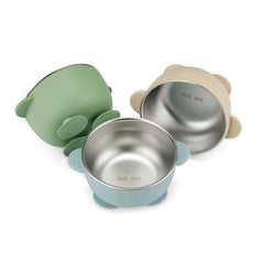 PandaEar blue suction bowl securely grips surfaces for mess-free feeding.