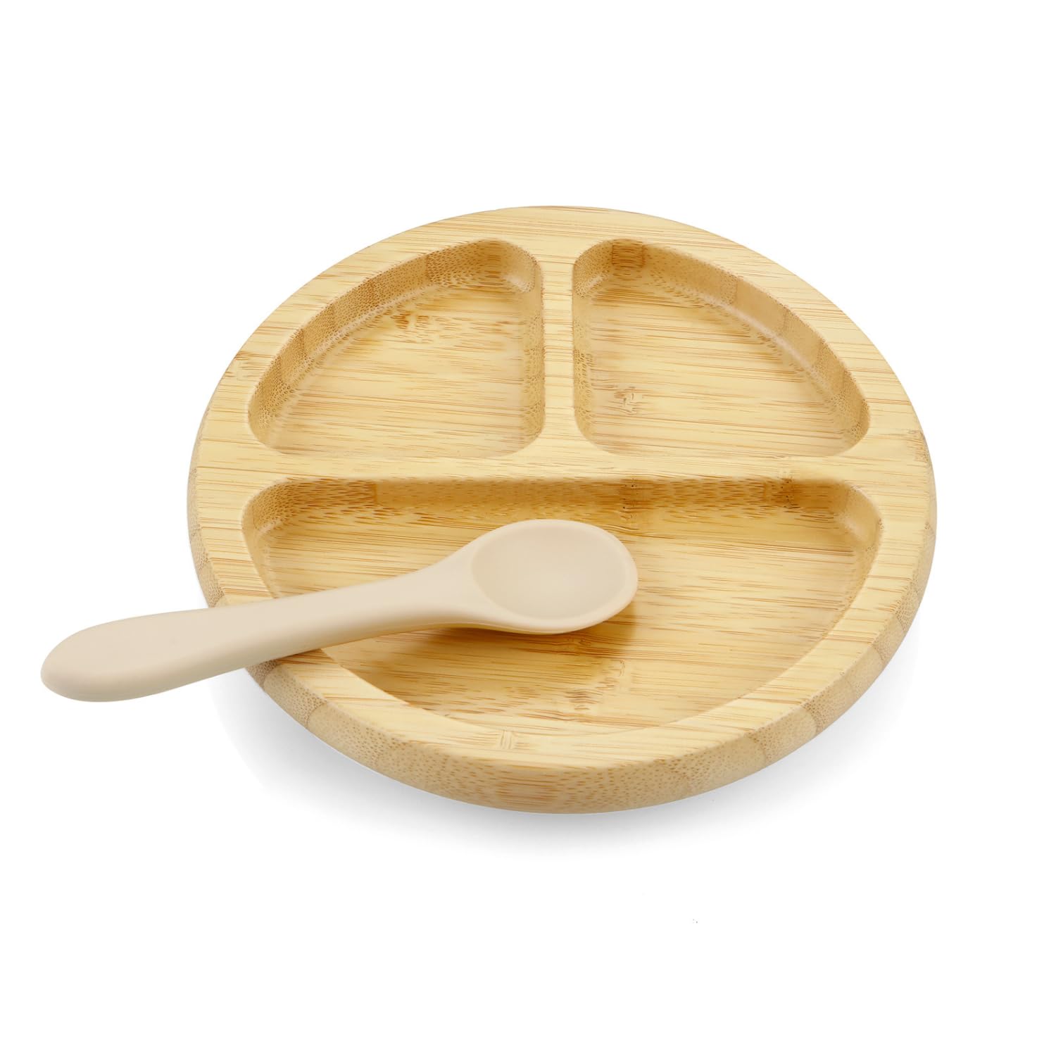 PandaEar bamboo suction plate close-up showing natural grain and strong suction for tidy meals.