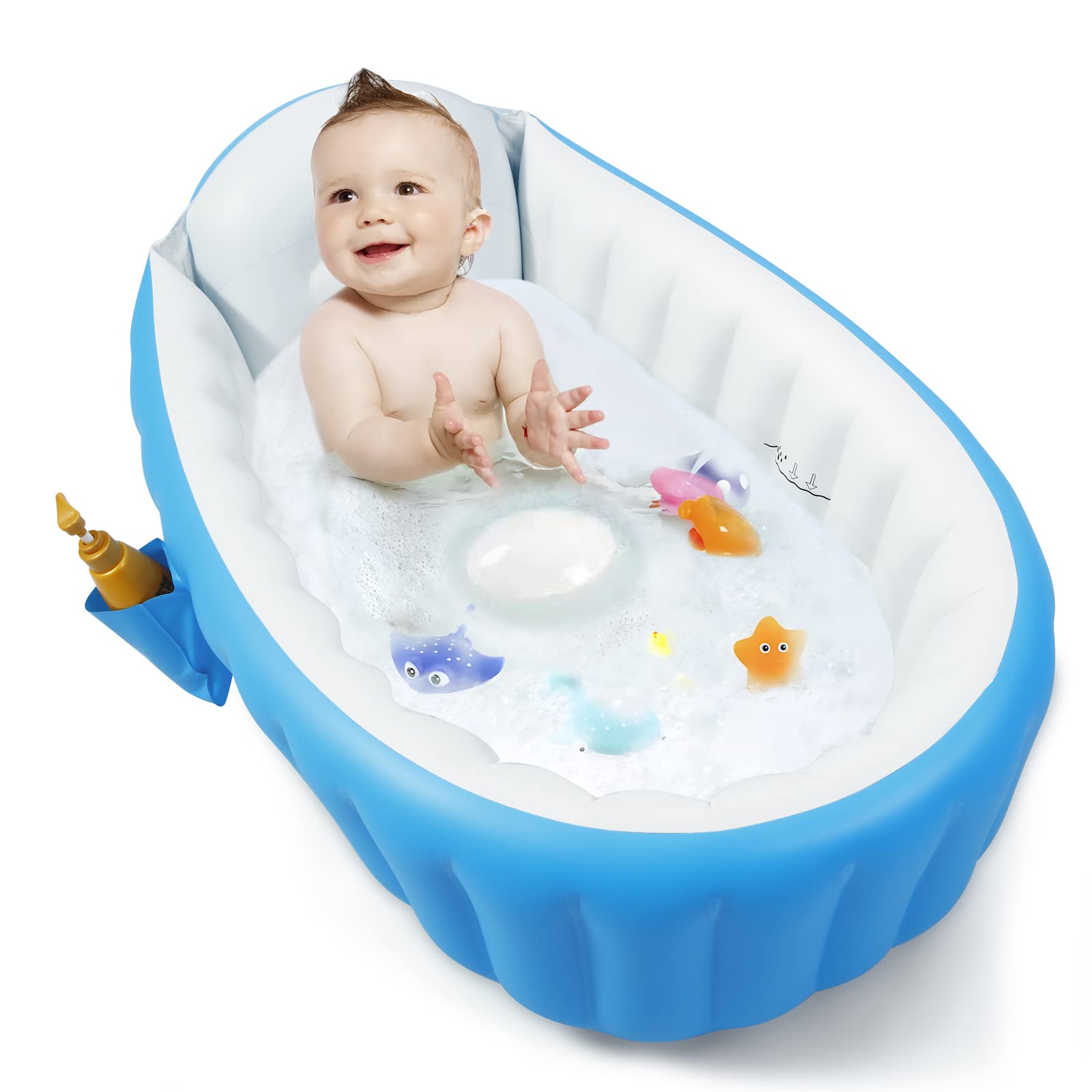 PandaEar bathtub side-pocket in use, storing toys and towels within reach.