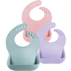 PandaEar blue silicone bib with soft material for gentle mealtime comfort.