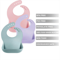 PandaEar pink bib with deep catch pocket traps crumbs and drool.