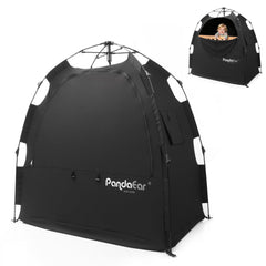 PandaEar blackout tent over Pack n Play creates a dark nap space.