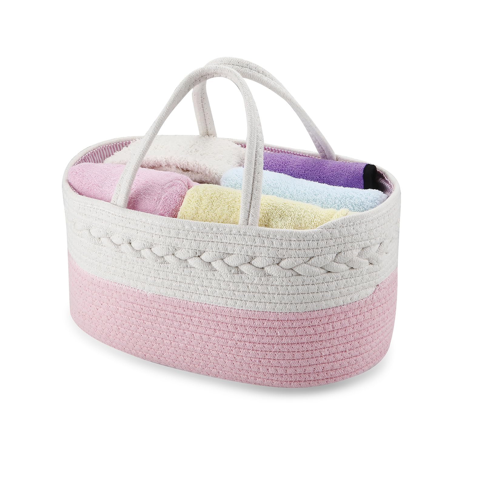 PandaEar cotton rope diaper caddy in pink, soft and durable for daily use.