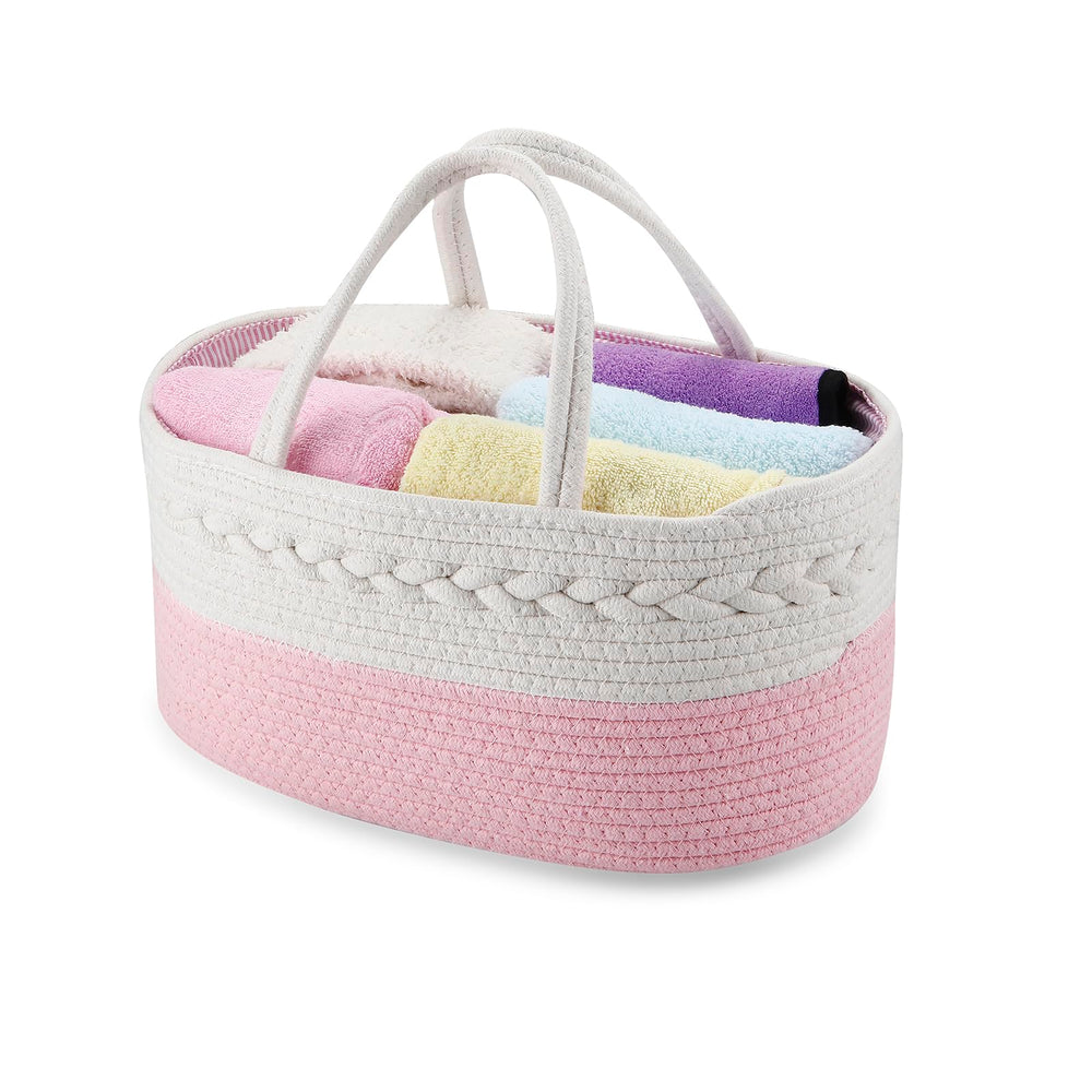 PandaEar cotton rope diaper caddy in pink, soft and durable for daily use.