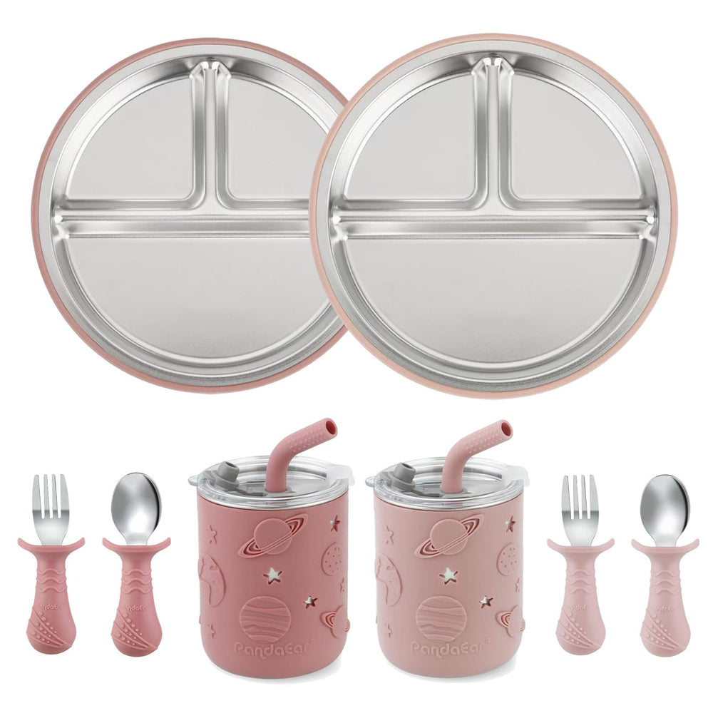 PandaEar divided suction plate in pink to aid self-feeding with less mess