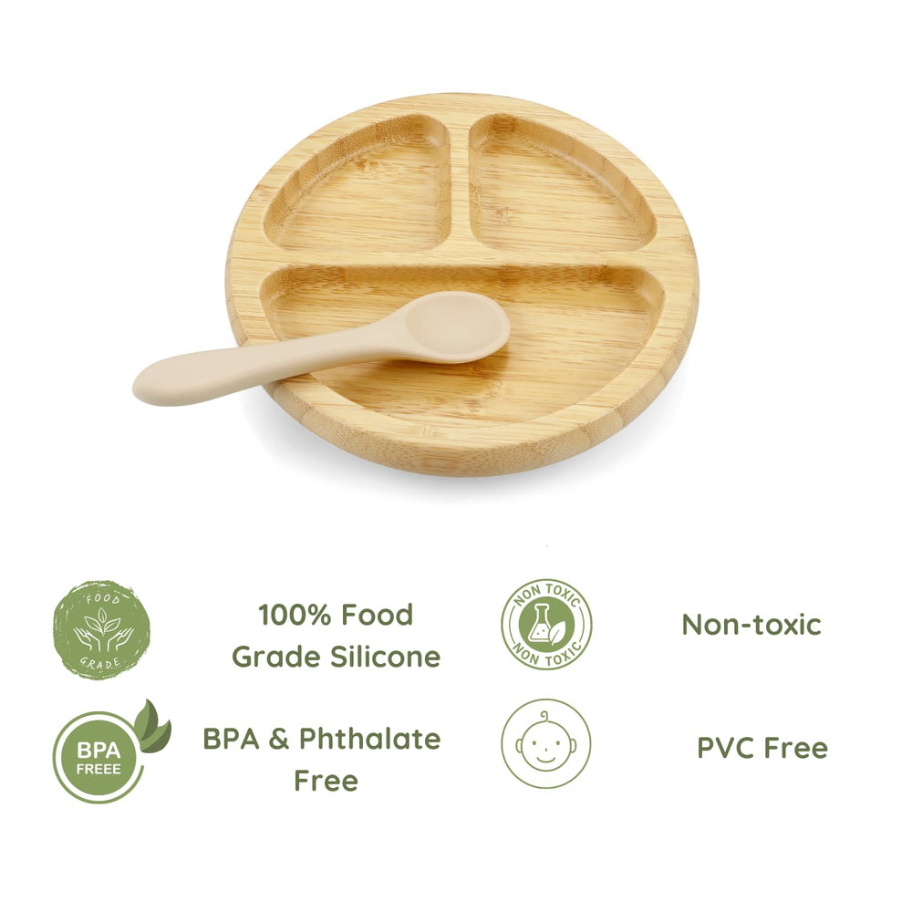 PandaEar divided wooden plate with silicone spoons ready for toddler self-feeding.