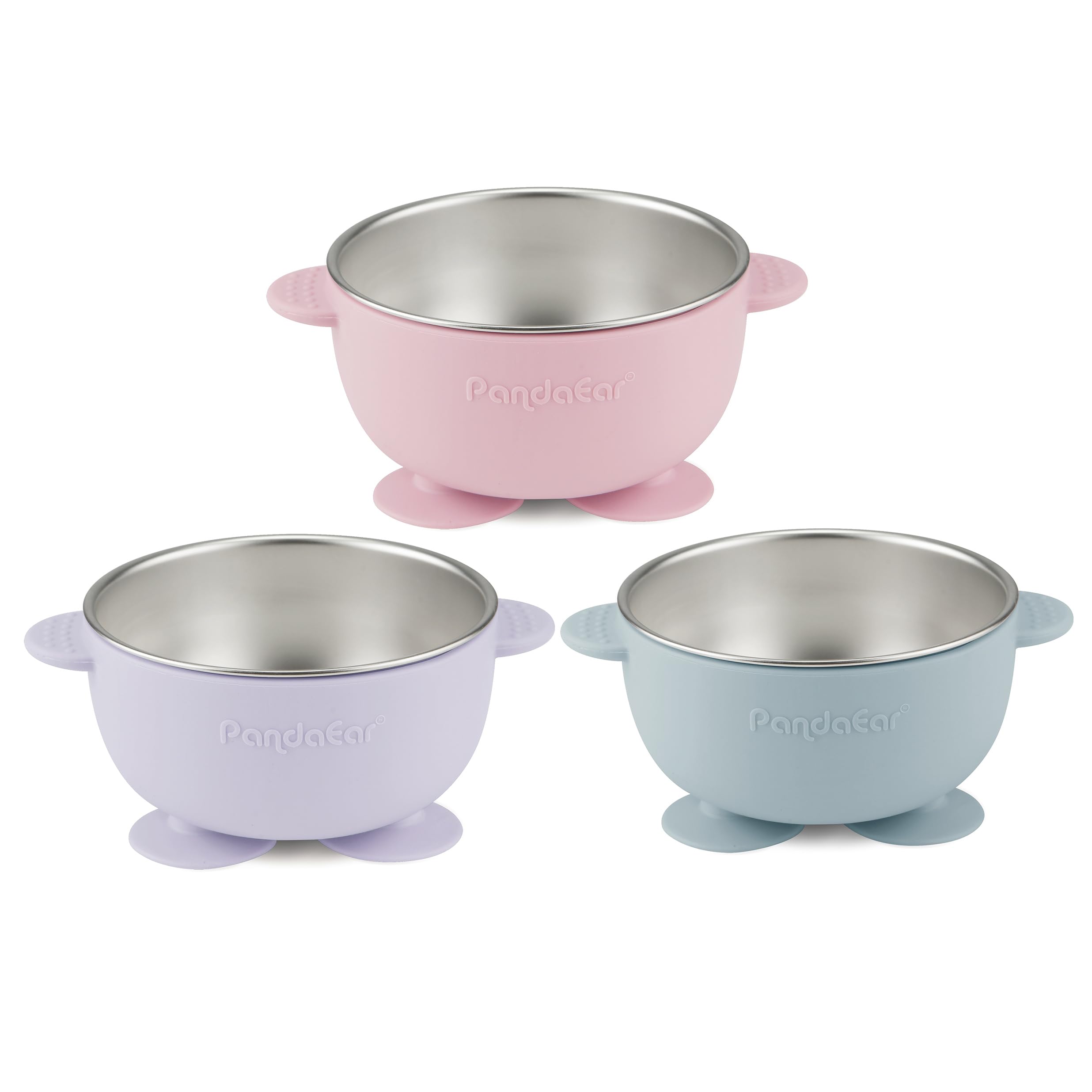 PandaEar noiseless silicone sleeve on a stainless bowl reduces feeding noise.