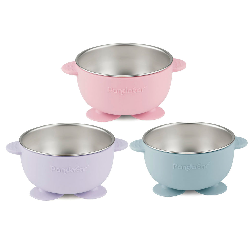 PandaEar noiseless silicone sleeve on a stainless bowl reduces feeding noise.