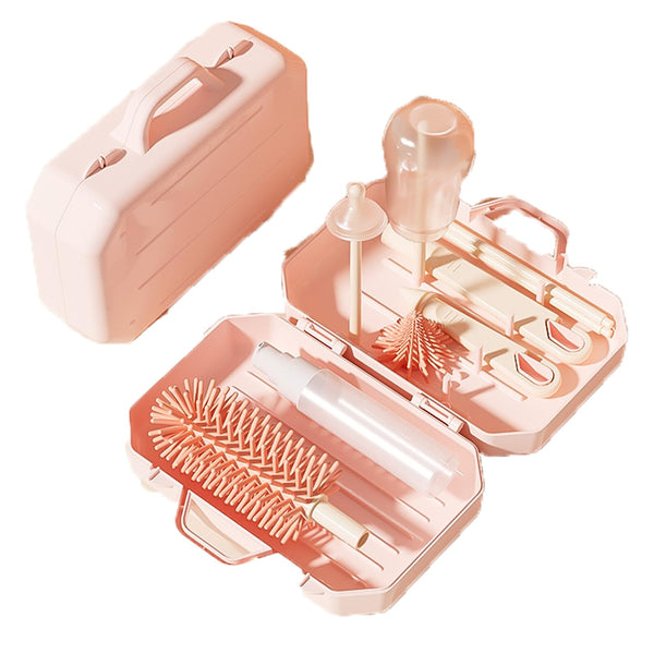 PandaEar portable bottle brush set in pink with case for travel and organization.